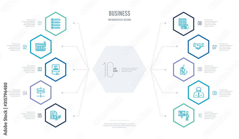 business concept business infographic design with 10 hexagon options. outline icons such as man presentation, man with moustach, sale tag, shaking hands, economy games, two way arrows business concept business infographic design with 10 hexagon options. outline icons such as man presentation, man with moustach, sale tag, shaking hands, economy games, two way arrows