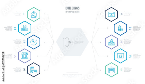 buildings concept business infographic design with 10 hexagon options. outline icons such as office buildings, home web page, university campus, lighthouse, website home page, bank building