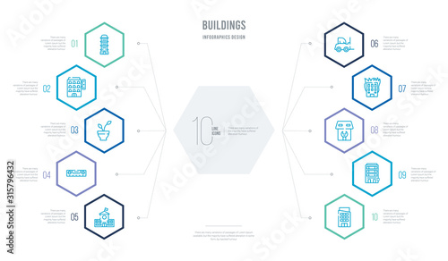 buildings concept business infographic design with 10 hexagon options. outline icons such as agency, appartment, renovation, burning house, lifter machine, builder tool