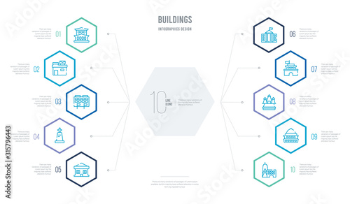 buildings concept business infographic design with 10 hexagon options. outline icons such as trade center, capitol building, hindu temple, embassy, goverment building, christian cemetery