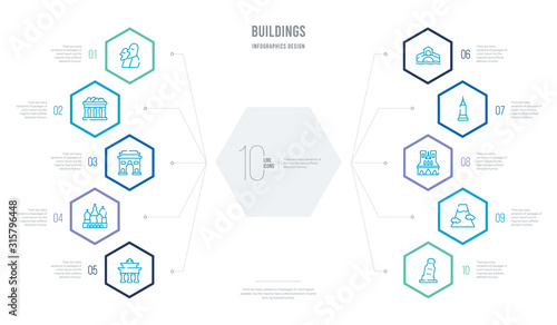 buildings concept business infographic design with 10 hexagon options. outline icons such as pisa tower, fuji mountain, notre dame, world trade center, rialto bridge, cathedral of saint basil