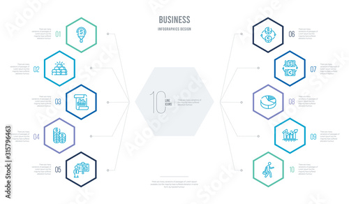 business concept business infographic design with 10 hexagon options. outline icons such as employee going to work, graphic arrow, pie chart statistics, money convert, currency exchange, dollar
