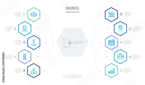 business concept business infographic design with 10 hexagon options. outline icons such as growing bar graph, rectangular briefcase, dollar currency, small presentation board, deficit, hair salon