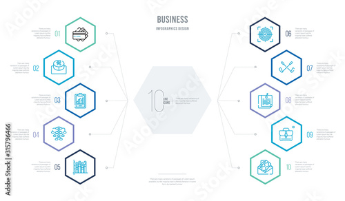 business concept business infographic design with 10 hexagon options. outline icons such as envelope with money inside, business briefcase, post it, golf sticks, circular target, structure © zaurrahimov