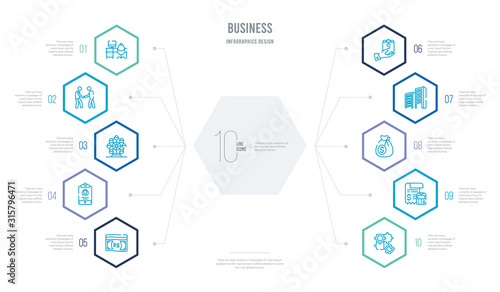 business concept business infographic design with 10 hexagon options. outline icons such as puzzle game piece, tax calculate, money sack, corporation, mortgage loan, journalist id card