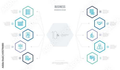 business concept business infographic design with 10 hexagon options. outline icons such as man presentation, man with moustach, sale tag, shaking hands, economy games, two way arrows