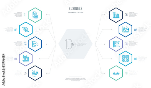 business concept business infographic design with 10 hexagon options. outline icons such as points connected chart, item interconnections, horizontal bar chart, spike chart, bar dual information,