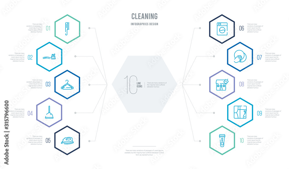 cleaning concept business infographic design with 10 hexagon options. outline icons such as shaver cleanin, window cleanin, house cleanin, washing washing machine plunger cleaning concept business infographic design with 10 hexagon options. outline icons such as shaver cleanin, window cleanin, house cleanin, washing washing machine plunger