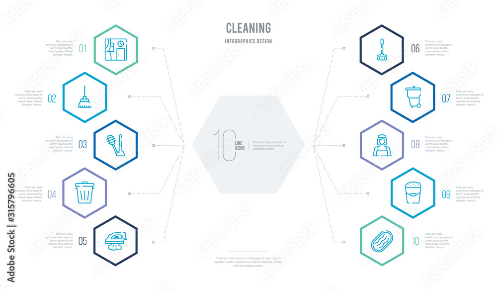cleaning concept business infographic design with 10 hexagon options. outline icons such as wiping sponge tool, wiping tray tool, wiping woman head, trash container, brush, trash can cleaning concept business infographic design with 10 hexagon options. outline icons such as wiping sponge tool, wiping tray tool, wiping woman head, trash container, brush, trash can