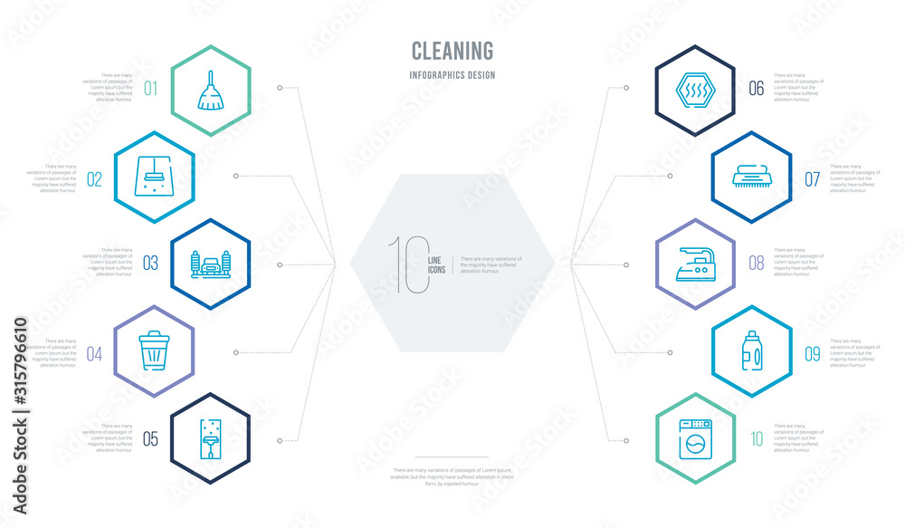 cleaning concept business infographic design with 10 hexagon options. outline icons such as washing machine, softener, iron, brush, dry, clean cleaning concept business infographic design with 10 hexagon options. outline icons such as washing machine, softener, iron, brush, dry, clean