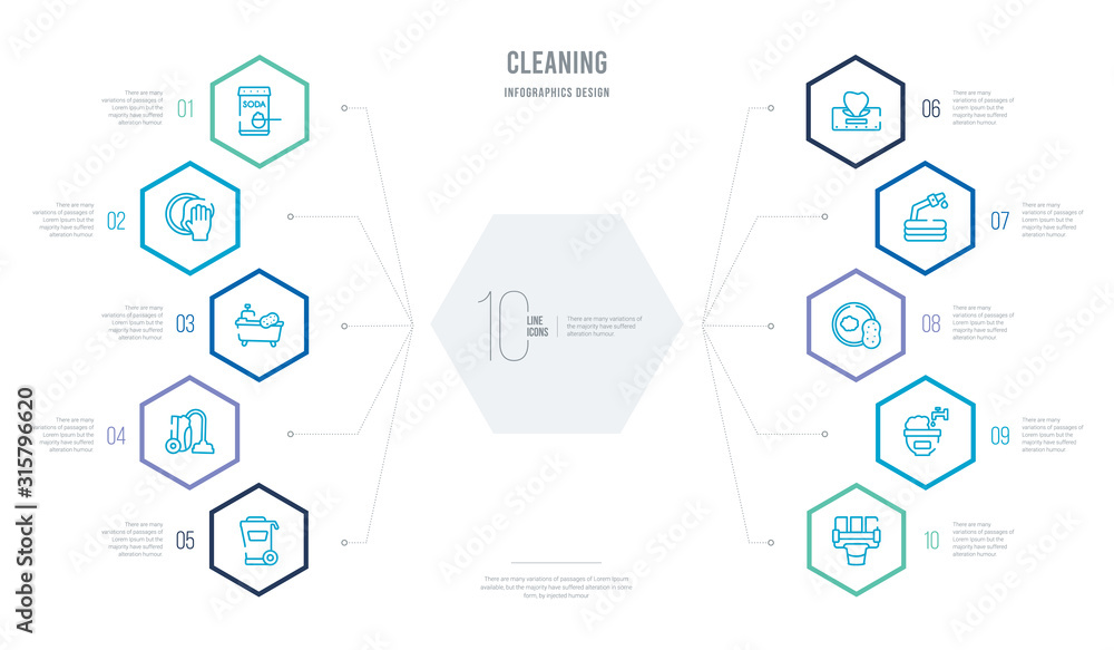cleaning concept business infographic design with 10 hexagon options. outline icons such as clean room, water soak, sponges, garden hose, serviette, carpet cleaning cleaning concept business infographic design with 10 hexagon options. outline icons such as clean room, water soak, sponges, garden hose, serviette, carpet cleaning