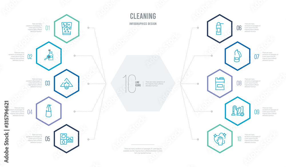 cleaning concept business infographic design with 10 hexagon options. outline icons such as neat, hoover, acid, hard water, suspension, preservatives cleaning concept business infographic design with 10 hexagon options. outline icons such as neat, hoover, acid, hard water, suspension, preservatives