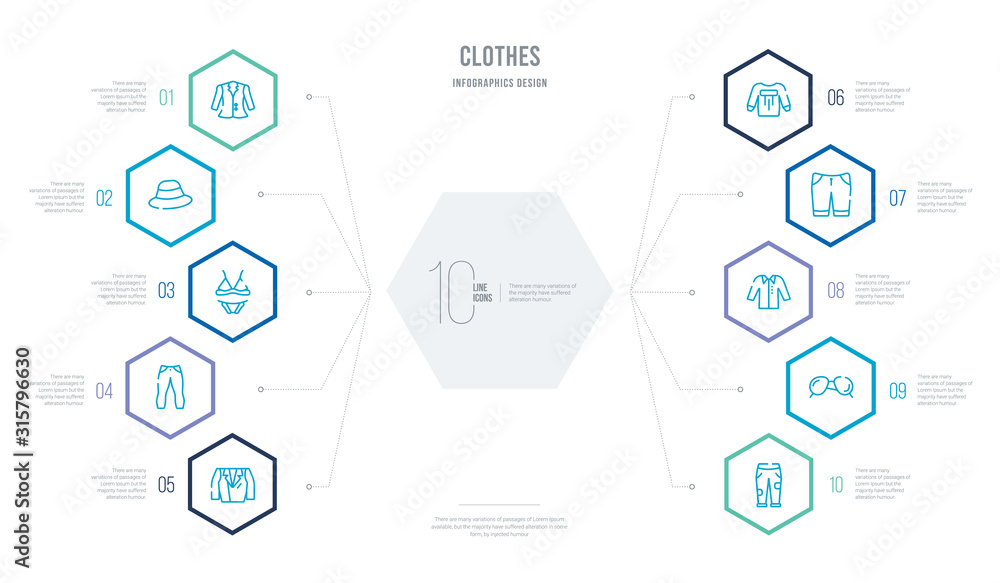 clothes concept business infographic design with 10 hexagon options. outline icons such as jean, pilot sunglasses, formal shirt, chino shorts, long sleeves t shirt, slim fit pants clothes concept business infographic design with 10 hexagon options. outline icons such as jean, pilot sunglasses, formal shirt, chino shorts, long sleeves t shirt, slim fit pants