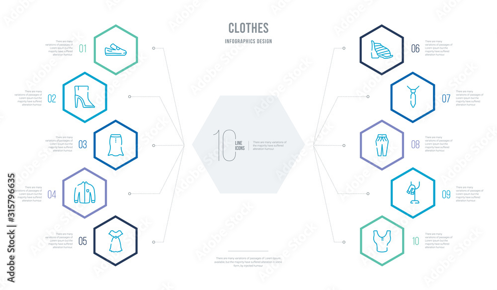 clothes concept business infographic design with 10 hexagon options. outline icons such as tank top, scarf on hanger, pegged pants, tie, gladiator sandal, collarless cotton shirt clothes concept business infographic design with 10 hexagon options. outline icons such as tank top, scarf on hanger, pegged pants, tie, gladiator sandal, collarless cotton shirt