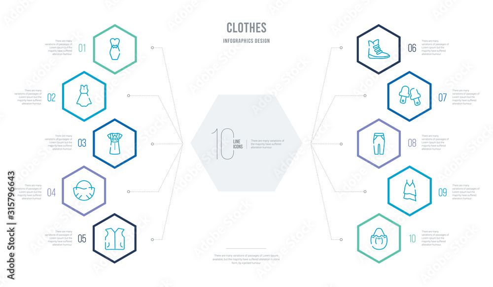 clothes concept business infographic design with 10 hexagon options. outline icons such as bucket bag, chiffon dress, harem pants, sleepers, wool boots, hobo bag clothes concept business infographic design with 10 hexagon options. outline icons such as bucket bag, chiffon dress, harem pants, sleepers, wool boots, hobo bag