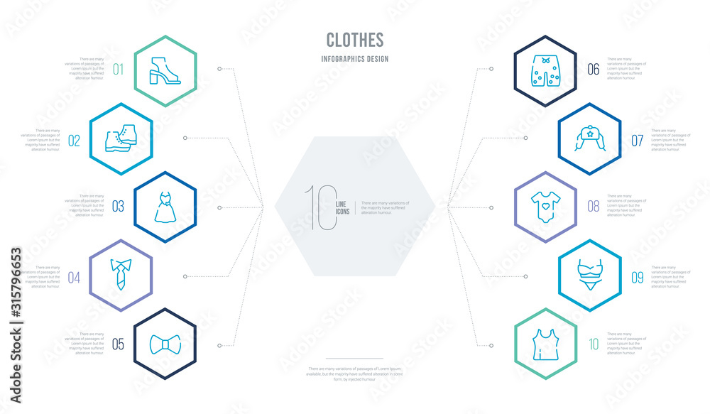 clothes concept business infographic design with 10 hexagon options. outline icons such as camisole, bra & knicker, baby grow, ushanka, swim shorts, necktie clothes concept business infographic design with 10 hexagon options. outline icons such as camisole, bra & knicker, baby grow, ushanka, swim shorts, necktie