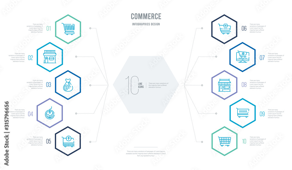 commerce concept business infographic design with 10 hexagon options. outline icons such as checke, supermarket shopping cart, front store with awning, online store cart, add to cart, eco label commerce concept business infographic design with 10 hexagon options. outline icons such as checke, supermarket shopping cart, front store with awning, online store cart, add to cart, eco label