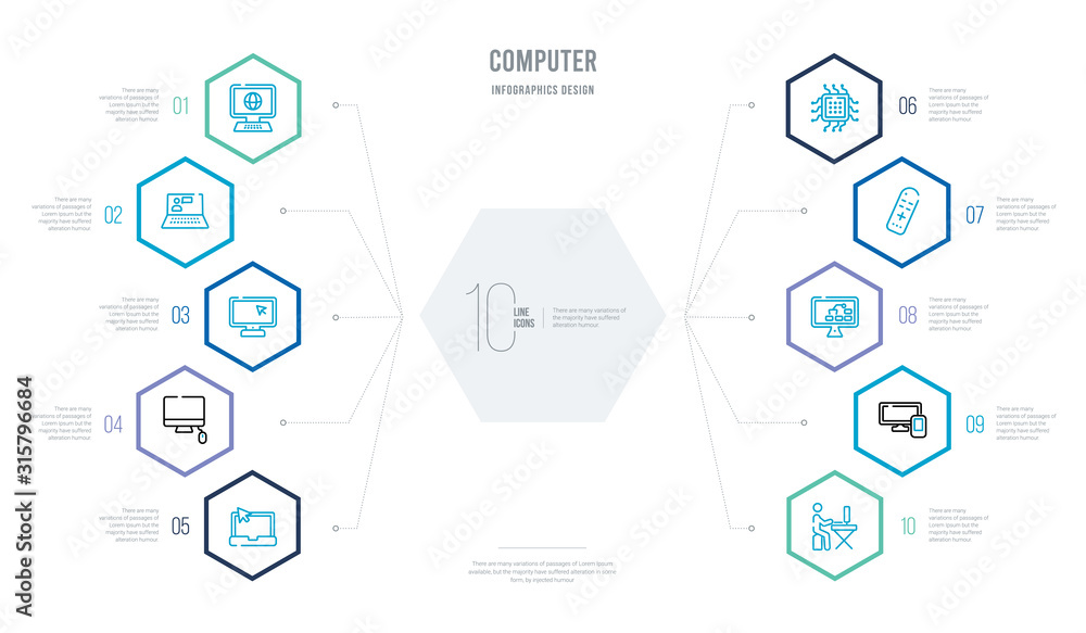 computer concept business infographic design with 10 hexagon options. outline icons such as work station, device, industrial, tv remote, chips, monitor and computer mouse computer concept business infographic design with 10 hexagon options. outline icons such as work station, device, industrial, tv remote, chips, monitor and computer mouse