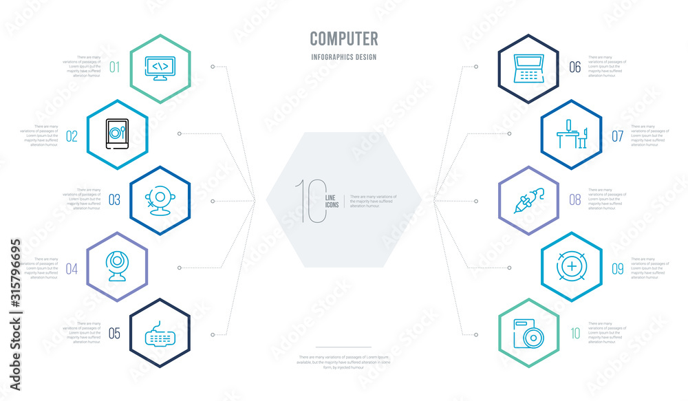 computer concept business infographic design with 10 hexagon options. outline icons such as dvd drive, calibrate, 3d printing pen, school desk, open laptop on, webcamera computer concept business infographic design with 10 hexagon options. outline icons such as dvd drive, calibrate, 3d printing pen, school desk, open laptop on, webcamera