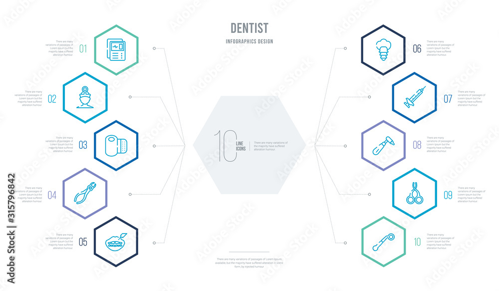 dentist concept business infographic design with 10 hexagon options. outline icons such as dentist mirror, dentist scissors, dentists drill tool, empty syringe, fake tooth, forceps of tools dentist concept business infographic design with 10 hexagon options. outline icons such as dentist mirror, dentist scissors, dentists drill tool, empty syringe, fake tooth, forceps of tools