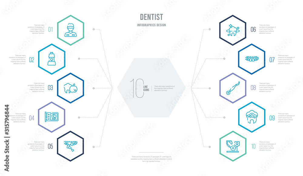 dentist concept business infographic design with 10 hexagon options. outline icons such as dental monitor, dental plaque, dental probe, prosthesis, protection, x ray dentist concept business infographic design with 10 hexagon options. outline icons such as dental monitor, dental plaque, dental probe, prosthesis, protection, x ray