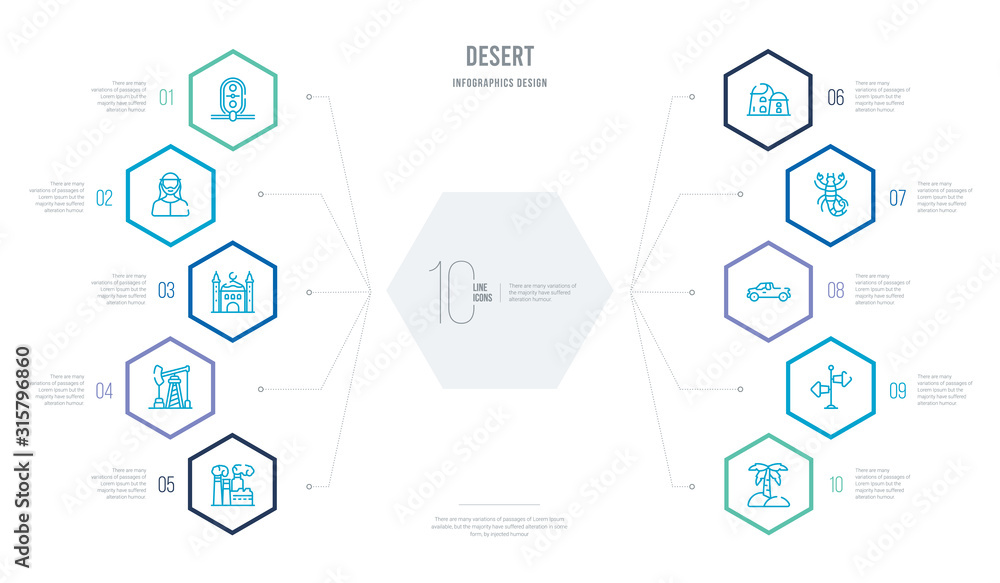 desert concept business infographic design with 10 hexagon options. outline icons such as palm, , pick up, scorpion, tower, petroleum desert concept business infographic design with 10 hexagon options. outline icons such as palm, , pick up, scorpion, tower, petroleum