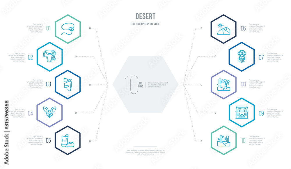 desert concept business infographic design with 10 hexagon options. outline icons such as desert landscape, desert saloon, tree, dream catcher, dunes, fennec desert concept business infographic design with 10 hexagon options. outline icons such as desert landscape, desert saloon, tree, dream catcher, dunes, fennec