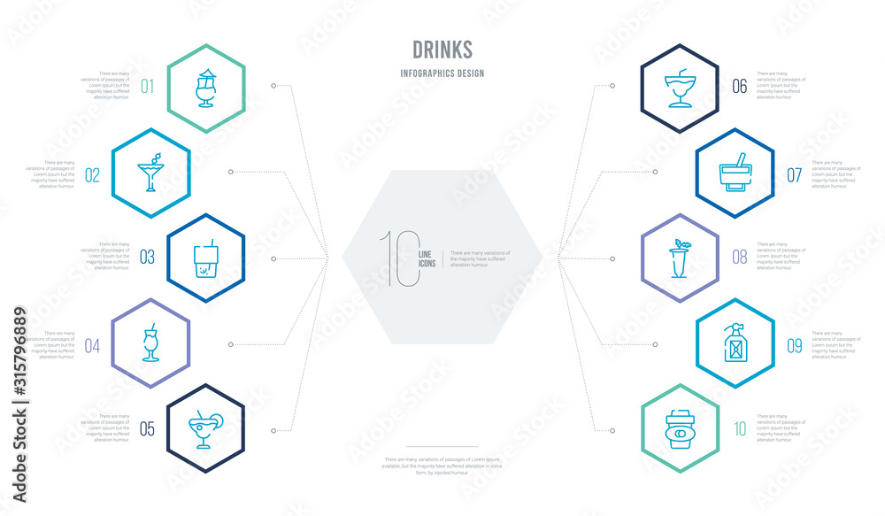 drinks concept business infographic design with 10 hexagon options. outline icons such as paper cup, rum, bloody mary, wine, margarita, tequila sunrise