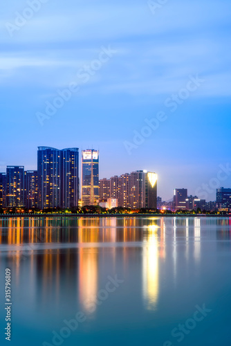 Hangzhou financial district office building architecture night view and city skyline