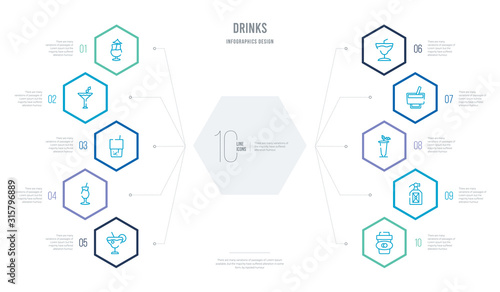 drinks concept business infographic design with 10 hexagon options. outline icons such as paper cup, rum, bloody mary, wine, margarita, tequila sunrise