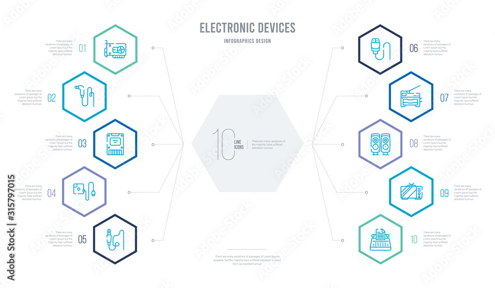 electronic devices concept business infographic design with 10 hexagon options. outline icons such as typewriter, television, speakers, copy machine, hdmi, magsafe electronic devices concept business infographic design with 10 hexagon options. outline icons such as typewriter, television, speakers, copy machine, hdmi, magsafe