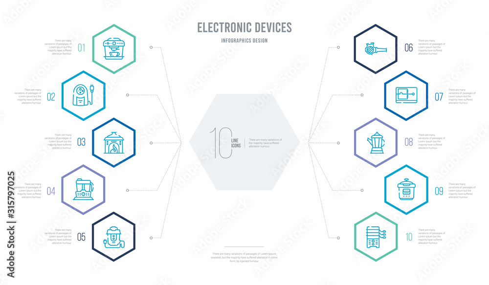 electronic devices concept business infographic design with 10 hexagon options. outline icons such as rotisserie, pressure cooker, percolator, mousetrap, leaf blower, food processor electronic devices concept business infographic design with 10 hexagon options. outline icons such as rotisserie, pressure cooker, percolator, mousetrap, leaf blower, food processor