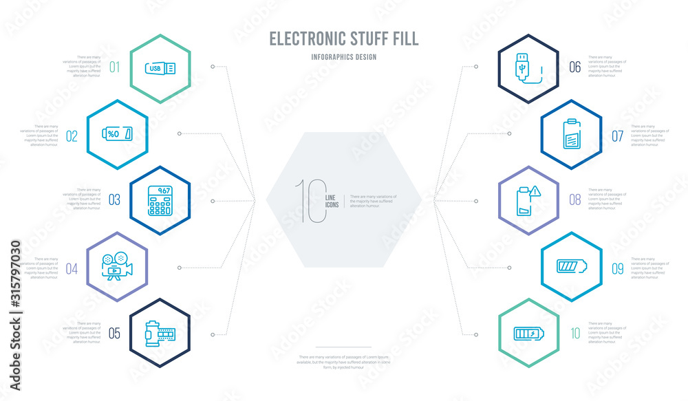 electronic stuff fill concept business infographic design with 10 hexagon options. outline icons such as full battery, battery almost full, low battery, half usb connection, film camera electronic stuff fill concept business infographic design with 10 hexagon options. outline icons such as full battery, battery almost full, low battery, half usb connection, film camera