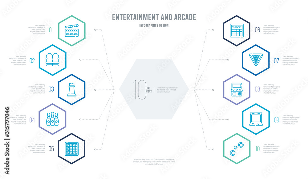 entertainment and arcade concept business infographic design with 10 hexagon options. outline icons such as air hockey, arcade, arcade game, billiards, bingo, bowling pins entertainment and arcade concept business infographic design with 10 hexagon options. outline icons such as air hockey, arcade, arcade game, billiards, bingo, bowling pins