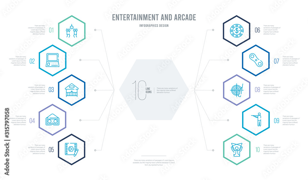 entertainment and arcade concept business infographic design with 10 hexagon options. outline icons such as puppet show, shooter, shooting game, spinner, token, virtual reality glasses entertainment and arcade concept business infographic design with 10 hexagon options. outline icons such as puppet show, shooter, shooting game, spinner, token, virtual reality glasses