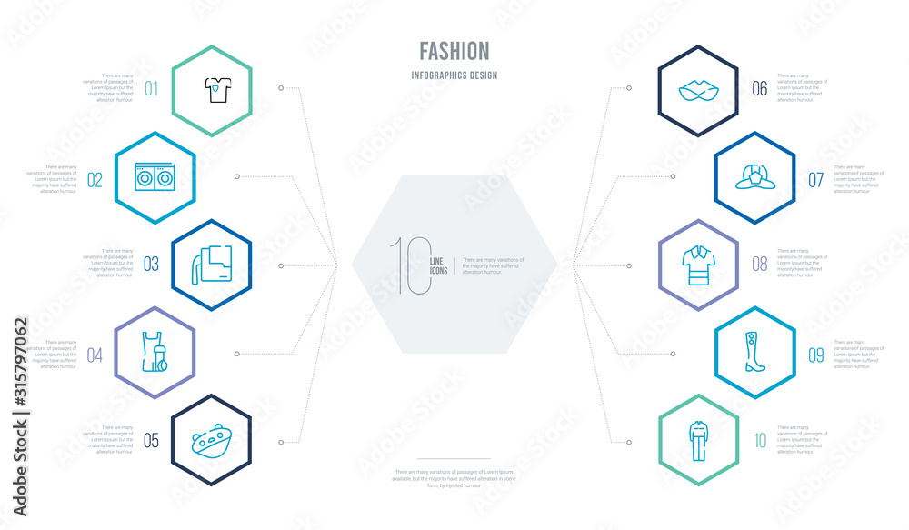 fashion concept business infographic design with 10 hexagon options. outline icons such as working coverall, woman boots, safety shirt, firefighter hat, eyewear, wellness coach fashion concept business infographic design with 10 hexagon options. outline icons such as working coverall, woman boots, safety shirt, firefighter hat, eyewear, wellness coach