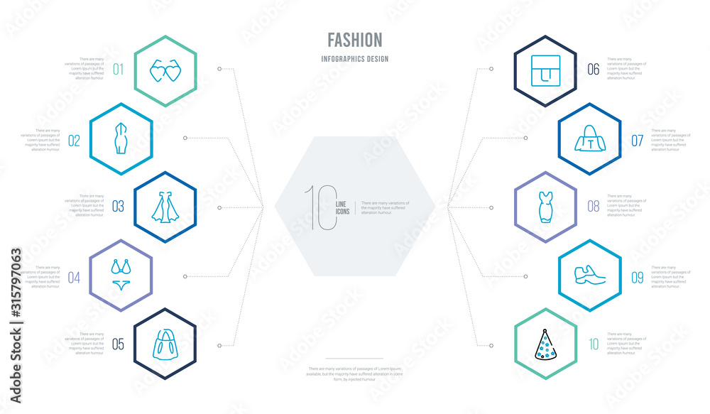 fashion concept business infographic design with 10 hexagon options. outline icons such as birthday hat with dots and stars, boot for women, feminine fashion, female black handbag, handbag elegant fashion concept business infographic design with 10 hexagon options. outline icons such as birthday hat with dots and stars, boot for women, feminine fashion, female black handbag, handbag elegant