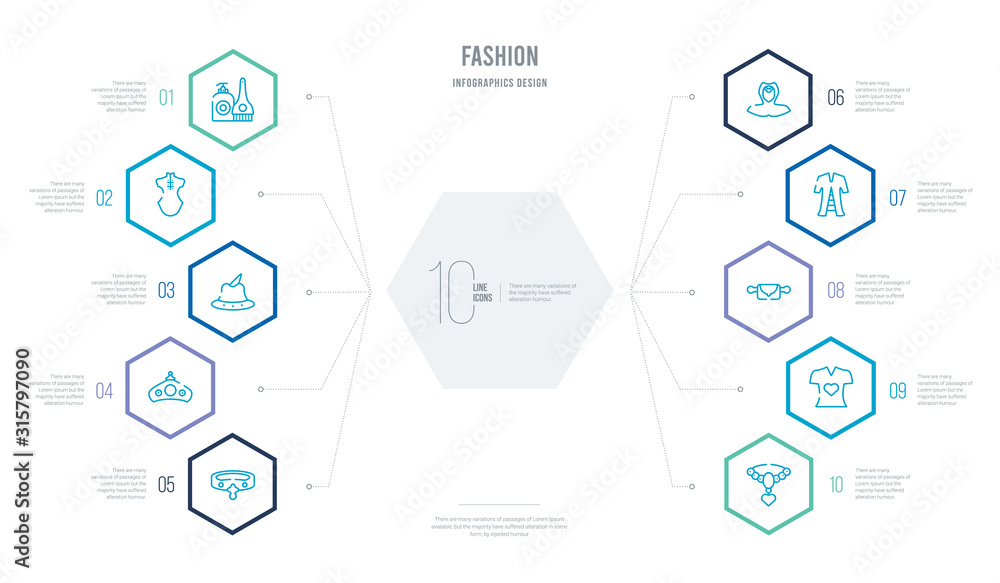 fashion concept business infographic design with 10 hexagon options. outline icons such as heart pendant, t shirt with heart, belt pouch, tunic, coif, royal fashion concept business infographic design with 10 hexagon options. outline icons such as heart pendant, t shirt with heart, belt pouch, tunic, coif, royal