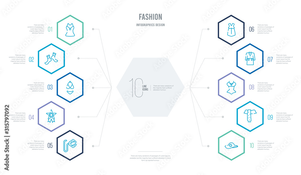 fashion concept business infographic design with 10 hexagon options. outline icons such as summer hat with a flower, wool scarf, swimwear, coat with pockets, summer dress, star medal fashion concept business infographic design with 10 hexagon options. outline icons such as summer hat with a flower, wool scarf, swimwear, coat with pockets, summer dress, star medal