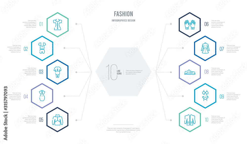 fashion concept business infographic design with 10 hexagon options. outline icons such as jacket with pockets, lingerine, men shoe, women coat, pair of gloves, women drees fashion concept business infographic design with 10 hexagon options. outline icons such as jacket with pockets, lingerine, men shoe, women coat, pair of gloves, women drees