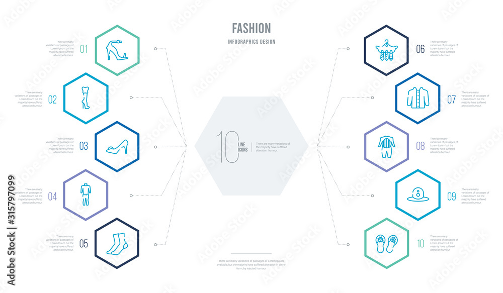fashion concept business infographic design with 10 hexagon options. outline icons such as pair sandals, round hat, pajamas, jacket with buttons, ties on hanger, men tracksuit fashion concept business infographic design with 10 hexagon options. outline icons such as pair sandals, round hat, pajamas, jacket with buttons, ties on hanger, men tracksuit
