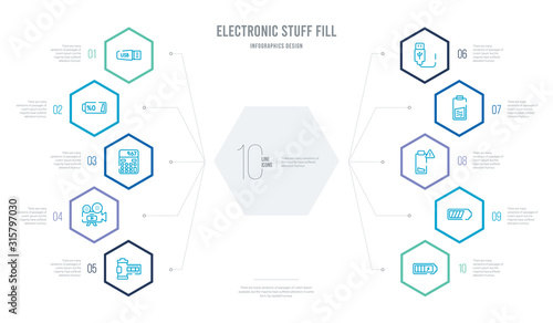 electronic stuff fill concept business infographic design with 10 hexagon options. outline icons such as full battery, battery almost full, low battery, half usb connection, film camera