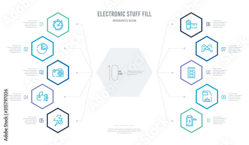 electronic stuff fill concept business infographic design with 10 hexagon options. outline icons such as charging battery, floppy disk, photogram, joypad, handy cam, reflector © zaurrahimov