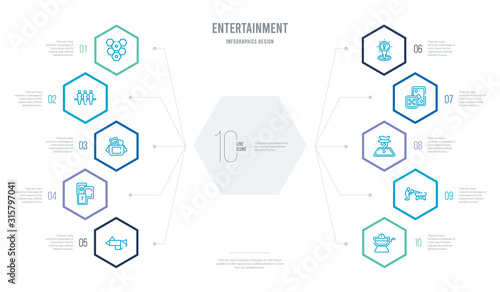 entertainment concept business infographic design with 10 hexagon options. outline icons such as lottery, sawing, board games with roles, board games set, logic board games, memory