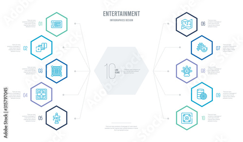 entertainment concept business infographic design with 10 hexagon options. outline icons such as carrom, game chips, magic board games, snakes and ladders, board game map, parchis