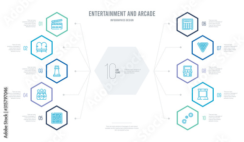 entertainment and arcade concept business infographic design with 10 hexagon options. outline icons such as air hockey, arcade, arcade game, billiards, bingo, bowling pins