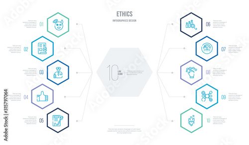 ethics concept business infographic design with 10 hexagon options. outline icons such as passion, connect, choice, gauge, competitive, thumbs up