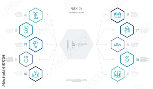 fashion concept business infographic design with 10 hexagon options. outline icons such as jacket with pockets, lingerine, men shoe, women coat, pair of gloves, women drees