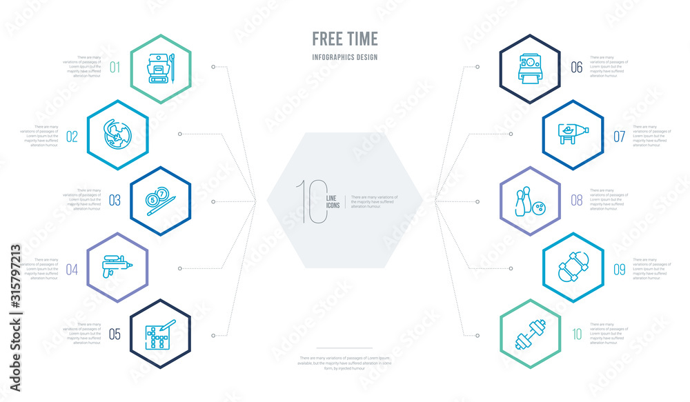 free time concept business infographic design with 10 hexagon options. outline icons such as dumbell, skate, bowling, ship in a bottle, instant camera, water gun free time concept business infographic design with 10 hexagon options. outline icons such as dumbell, skate, bowling, ship in a bottle, instant camera, water gun
