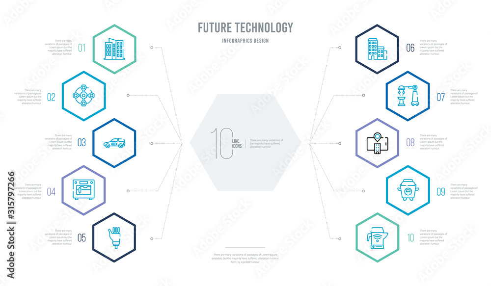 future technology concept business infographic design with 10 hexagon options. outline icons such as kettle, cooker, augmented reality, surgery, building, 3d printer future technology concept business infographic design with 10 hexagon options. outline icons such as kettle, cooker, augmented reality, surgery, building, 3d printer